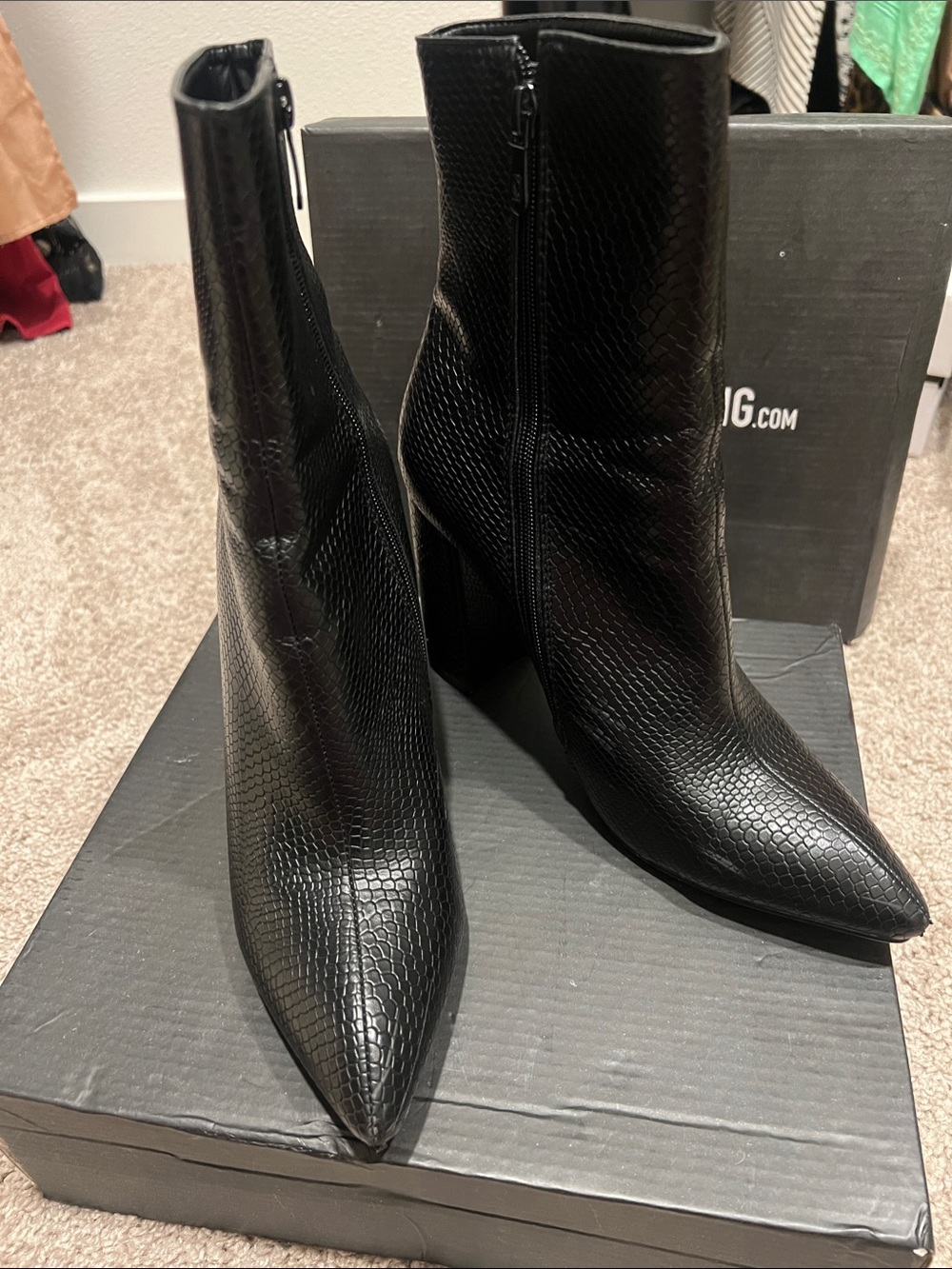 PrettyLittleThing Black Faux-Snakeskin Pointed Ankle Boots